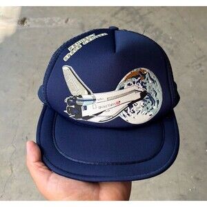 Vintage Kennedy Space Center Snapback Hat Blue Shuttle Rocket Mesh Foam Trucker